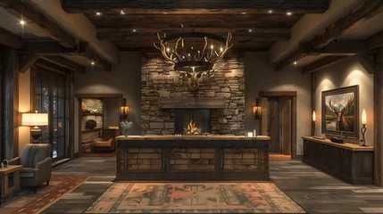  Modern rustic mountain lodge reception front desk design with stone fireplace and antler chandelier © Warda