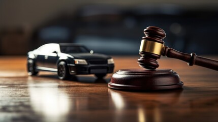 Car accident and gavel lawsuit on table or insurance court case, or Vehicle auction concept - obrazy, fototapety, plakaty