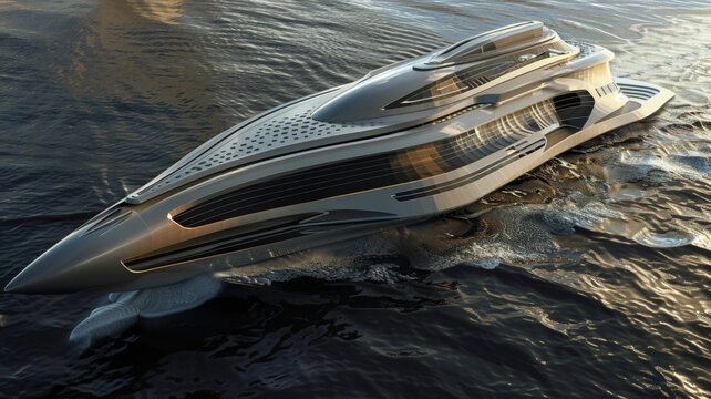 Luxury Yacht on Tranquil Waters - A high-end, sleek yacht cutting through calm waters at dusk, showcasing luxury and adventure