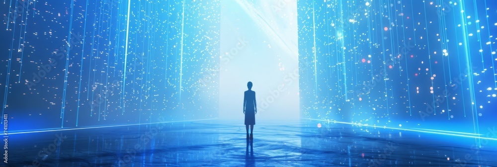 Poster journey through the data space - a figure stands before a portal of streaming data, representing the