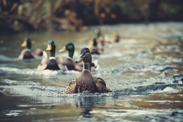 Streamlined Leadership in Nature - Ducks in formation on a river, showcasing the natural instinct to lead and follow - obrazy, fototapety, plakaty
