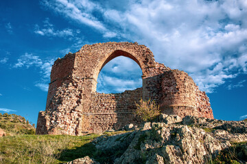 Ruins of the old aqueduct of Alcaraz, Albacete, Castilla la Mancha, Spain, with its large pointed...