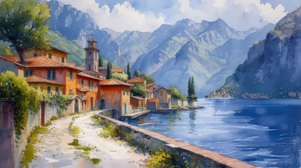 Fototapete Mittelmeereuropa Watercolor painting of small Balkan town
