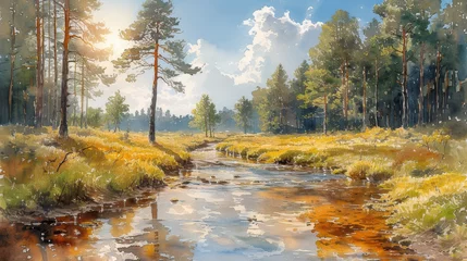 Wandaufkleber A beautiful forest landscape with a river as a digital illustration © senadesign