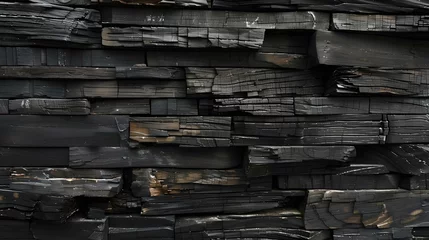 Photo sur Plexiglas Texture du bois de chauffage Burnt wood texture in dark tones. close-up of charred lumber. ideal for backgrounds. elements of nature and design. AI