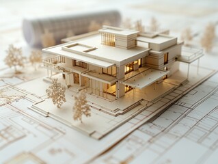 A detailed architectural model of a modern residential building, displayed on top of its corresponding floor plans, illustrating design precision.