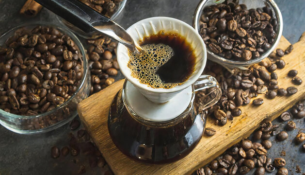 ひきたての珈琲を注ぐイメージ。上からのアングル。ドリップコーヒー。An image of pouring freshly ground coffee. Angle from above. drip coffee.