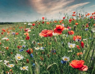 field of wild flowers including daisies and poppies