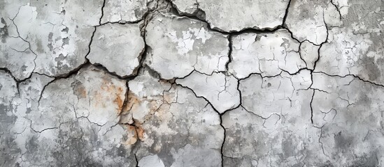 A closeup of a cracked grey concrete wall, revealing a pattern of rectangular bricks. The building...