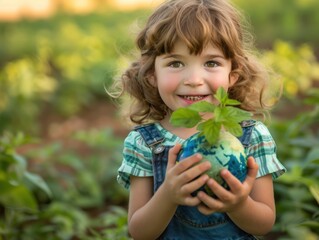 A smiling young girl in a field, holding a globe with a sprouting plant, representing hope and commitment to environmental care.