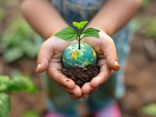 A child's hands carefully holding a small globe with soil and a new plant, emphasizing the importance of nurturing our planet.