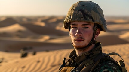 Young soldier in camouflage gear pausing in vast desert. serene military portrait. human strength and resilience theme. stock image. AI