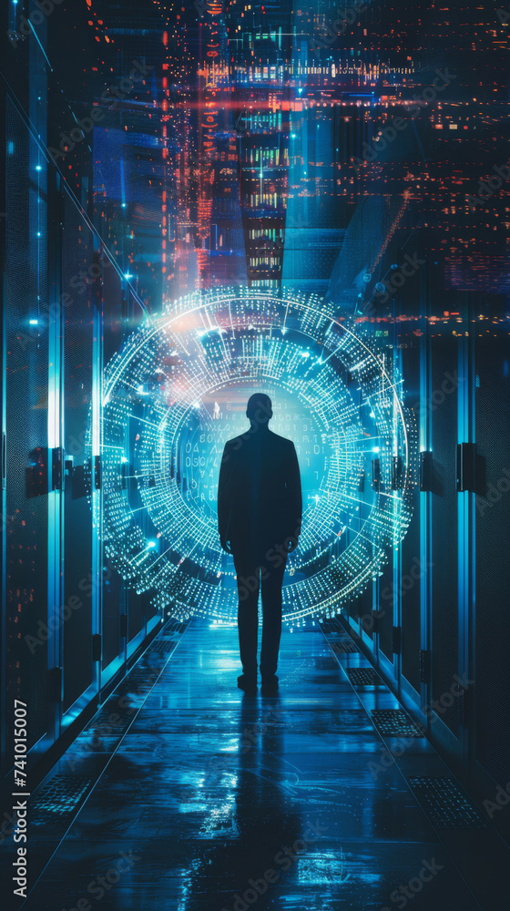 Poster man before portal of data - a figure stands before a dazzling data portal in a digital world