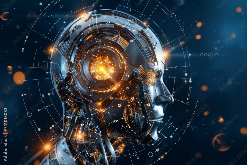 Poster visionary ai concept - a robotic head filled with glowing circuits and complex networks, depicting t
