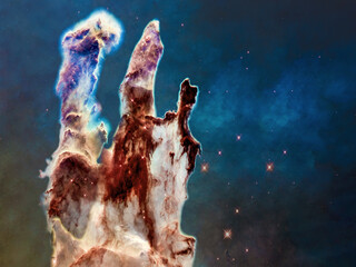 Artist impression of the Eagle Nebula’s Pillars of Creation. Multi coloured glow of gas clouds, wispy tendrils of dark cosmic dust. Elements of this 3D rendered illustration were furnished by NASA.