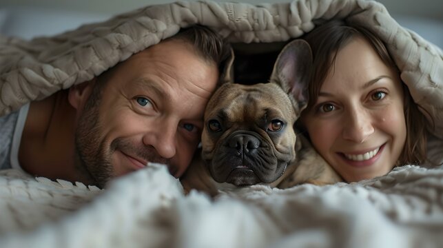 Couple and pet dog snuggling under blanket, happy family moment. casual indoor portrait, warm emotions. candid shot, lifestyle image. AI