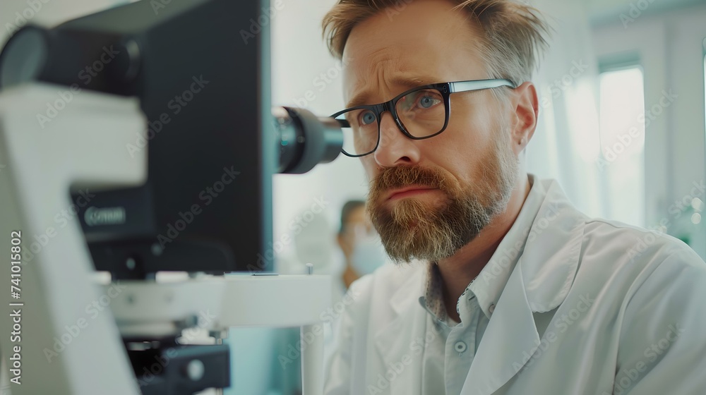 Poster focused scientist examining sample through microscope in modern laboratory. research and discovery c