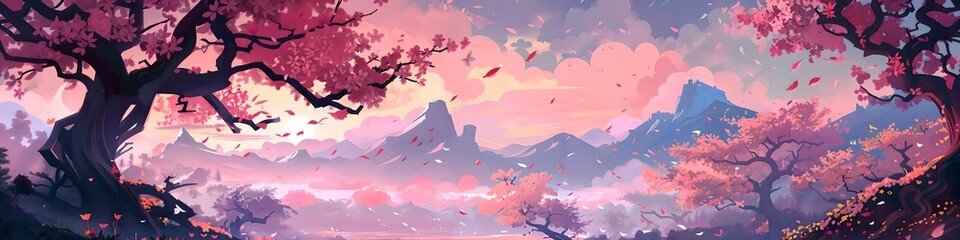 Panoramic fantasy landscape with pink cherry blossoms and mountains. Digital art. Japanese nature concept. Illustration for design, header, print, wallpaper, greeting - obrazy, fototapety, plakaty