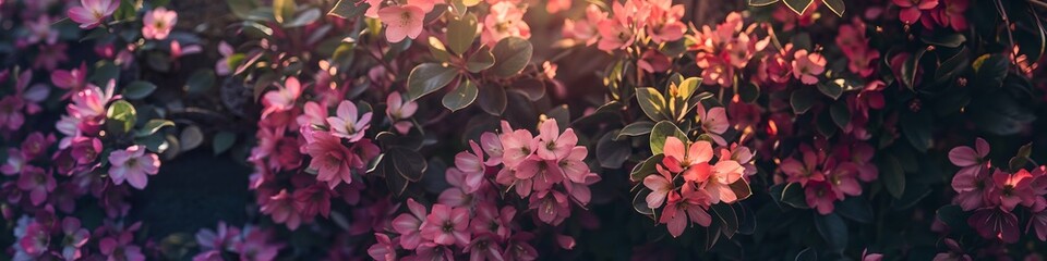 Blooming azalea flowers background. Panoramic view. Spring nature concept. Springtime or summer garden. Design for banner, backdrop, wallpaper, greeting. 