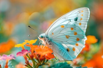 White butterfly with on vibrant orange flower. Spring nature concept. Springtime beauty. Macro shot. Design for banner, poster
