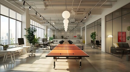 Startup office with flexible workstations and ping pong table, modern office interior design - obrazy, fototapety, plakaty