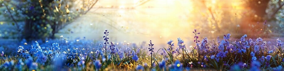 Bluebell woodland at dawn. Spring, springtime beauty. Beautiful nature landscape. Panoramic view....