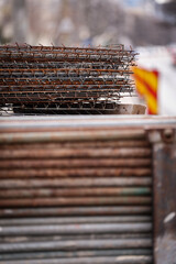 Big stack of iron bars used in road construction and tram rail reconstruction - 741017015