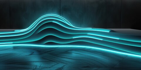 3d render, abstract geometric background illuminated with blue Turquoise neon light. Glowing wavy line - obrazy, fototapety, plakaty