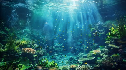 Fototapeta na wymiar Underwater Oasis with Sunbeams - A vibrant underwater scene with sunbeams filtering through the water, highlighting a rich marine ecosystem