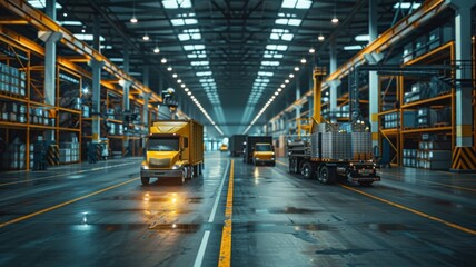 Automated Logistics Center - Autonomous trucks navigate a high-tech warehouse, illustrating cutting-edge logistics and supply chain management