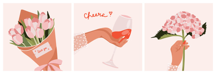 Abstract romantic greeting postcards. Flat bouquets of tulips, hand with wine glass, branch of hydrangea. Floral celebration concept. Vector fashion set