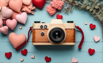 photo camera on wooden background This camera's design is a testament to luxury, individuality, and an inclination toward the unusual. vintage camera lying on autum leaves, grapes, apples, walnut
