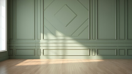 Fragment of an interior made of classic  green panels. Green wall background with copy space in an empty room with brown parquet floor. - obrazy, fototapety, plakaty