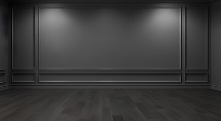 Fragment of an interior made of classic gray panels. Gray wall background with copy space in an empty room with gray parquet floor. Classical wall molding decoration in modern empty luxury home