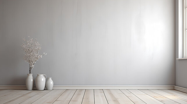 Fototapeta Fragment of an interior made of classic gray panels. Gray wall background with copy space in an empty room with gray parquet floor. Classical wall molding decoration in modern empty luxury home