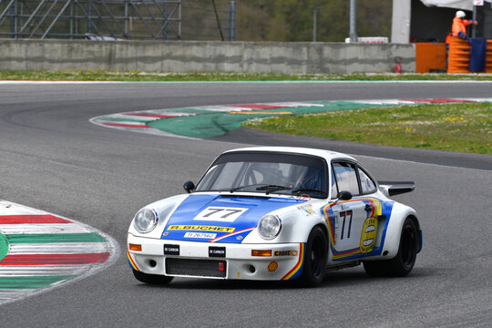 Scarperia, 2 April 2023: Porsche 911 Carrera RSR 3.0 of year 1974 in action during Mugello Classic 2023 at Mugello Circuit in Italy.