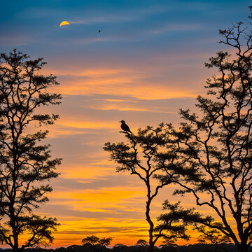 Silhouettes of birds on tree branches at sunset. Generative AI