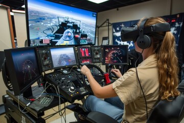 Youthful Pilot Training in VR - A young trainee immerses in a virtual reality flight simulator, highlighting the advanced methods of pilot training.