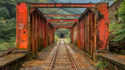 Fototapeta na wymiar Rusty red railroad bridge overgrown with vegetation leading to a tunnel in a lush forest