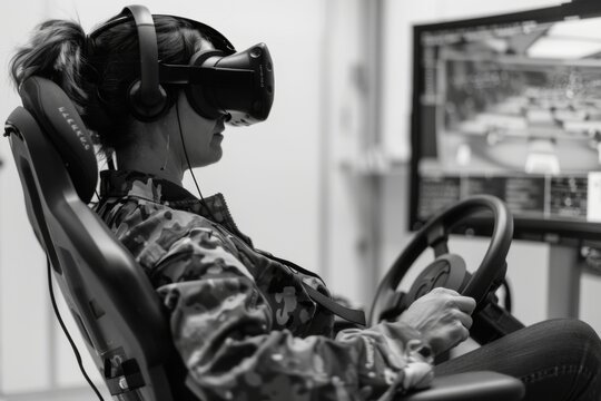 Monochrome VR Driving Experience - A person is absorbed in a virtual reality driving simulation, rendered in monochrome to emphasize the blend of technology and human experience.