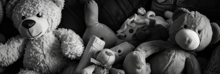 Black and white photo of children's toys, various toys in the children's room, banner