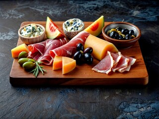 Beautiful sliced ​​bacon, cheese vegetables on a wooden board