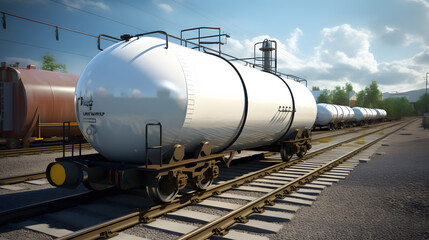 Fototapeta na wymiar Last tank with oil petroleum of the cargo train. Railway fuel supply. Neural network AI generated art