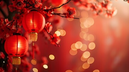 Background with copy space with chinese new year theme with red colors and flowers