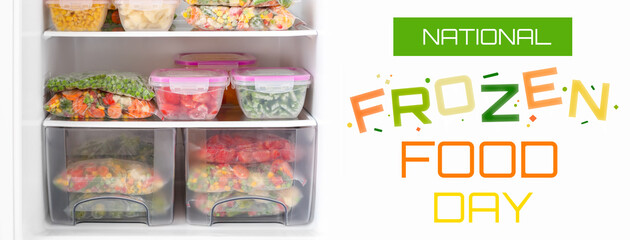 Containers and plastic bags with frozen vegetables in refrigerator