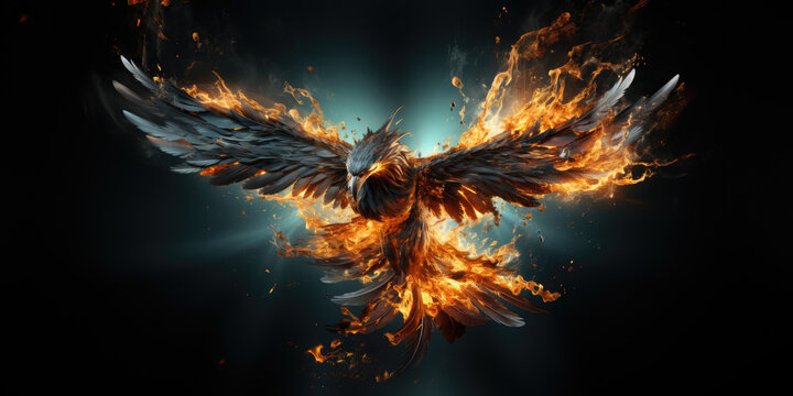Phoenix bird, reborn from the ashes, is engulfed in flames