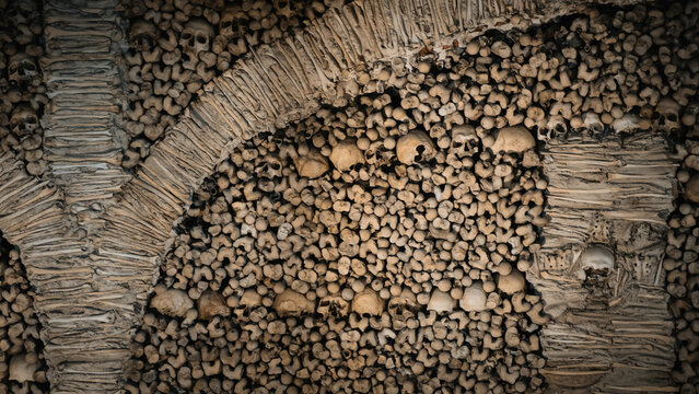 Chapel of Bones a monument in Evora Portugal  the interior walls are covered and decorated with human skulls and bones, Cultural travel Europe Portugal Alentejo interesting sights and cities trips