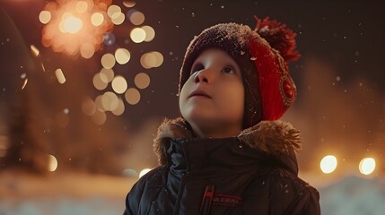 Child wonderment as they watch their first New Year fireworks display, their eyes wide with amazement and delight in a snowy park in front of firework