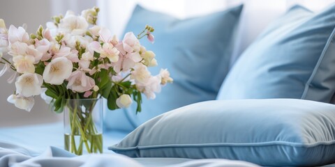 Beautiful soft pillows on the bed, blue. Pillow design. 