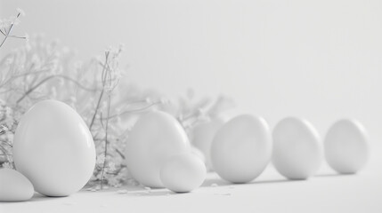 White Easter eggs on white background with spring flowers and space for writing. Minimalistic soft Easter background. 